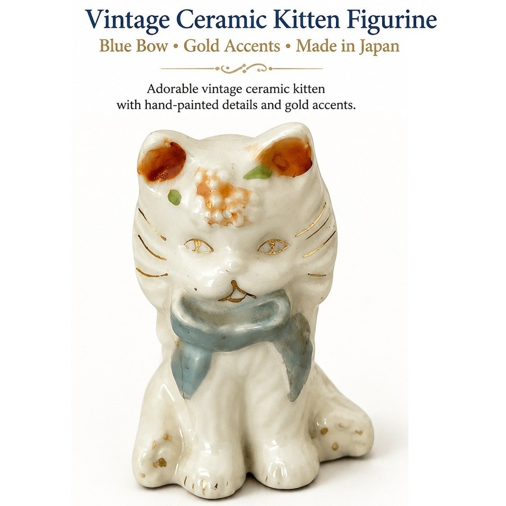 Vintage Ceramic Kitten Figurine Blue Bow Gold‎ Accents Made in Japan White Cat